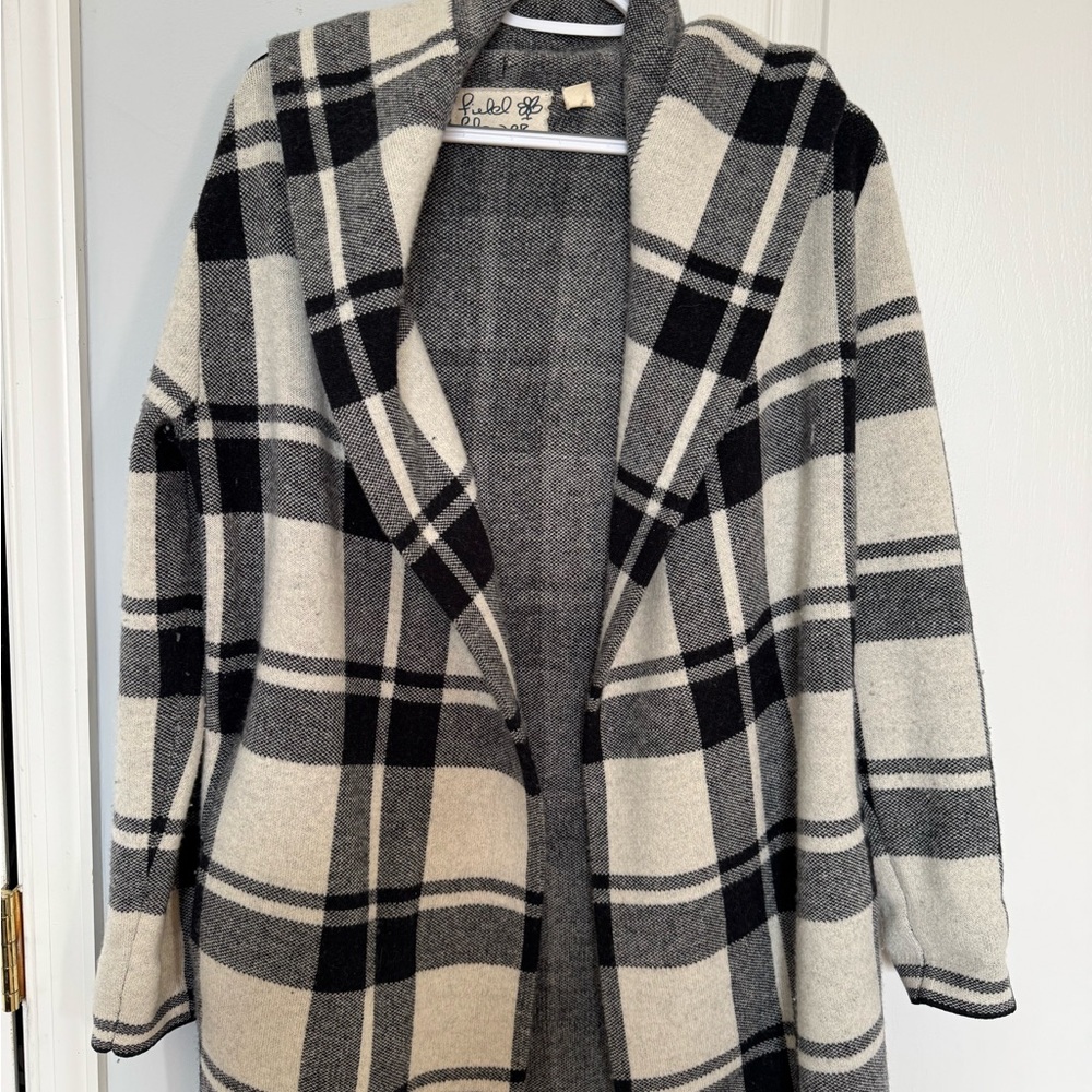 Open-Front Plaid Shawl Collar Coatigan - Black & Cream